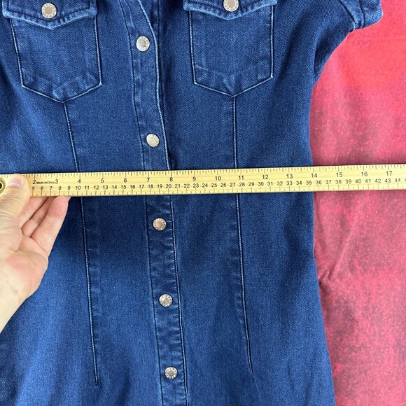 GUESS DENIM SHIRT DRESS MEDIUM CAP SLEEVE BUTTON FRONT NAVY BLUE - Picture 8 of 11